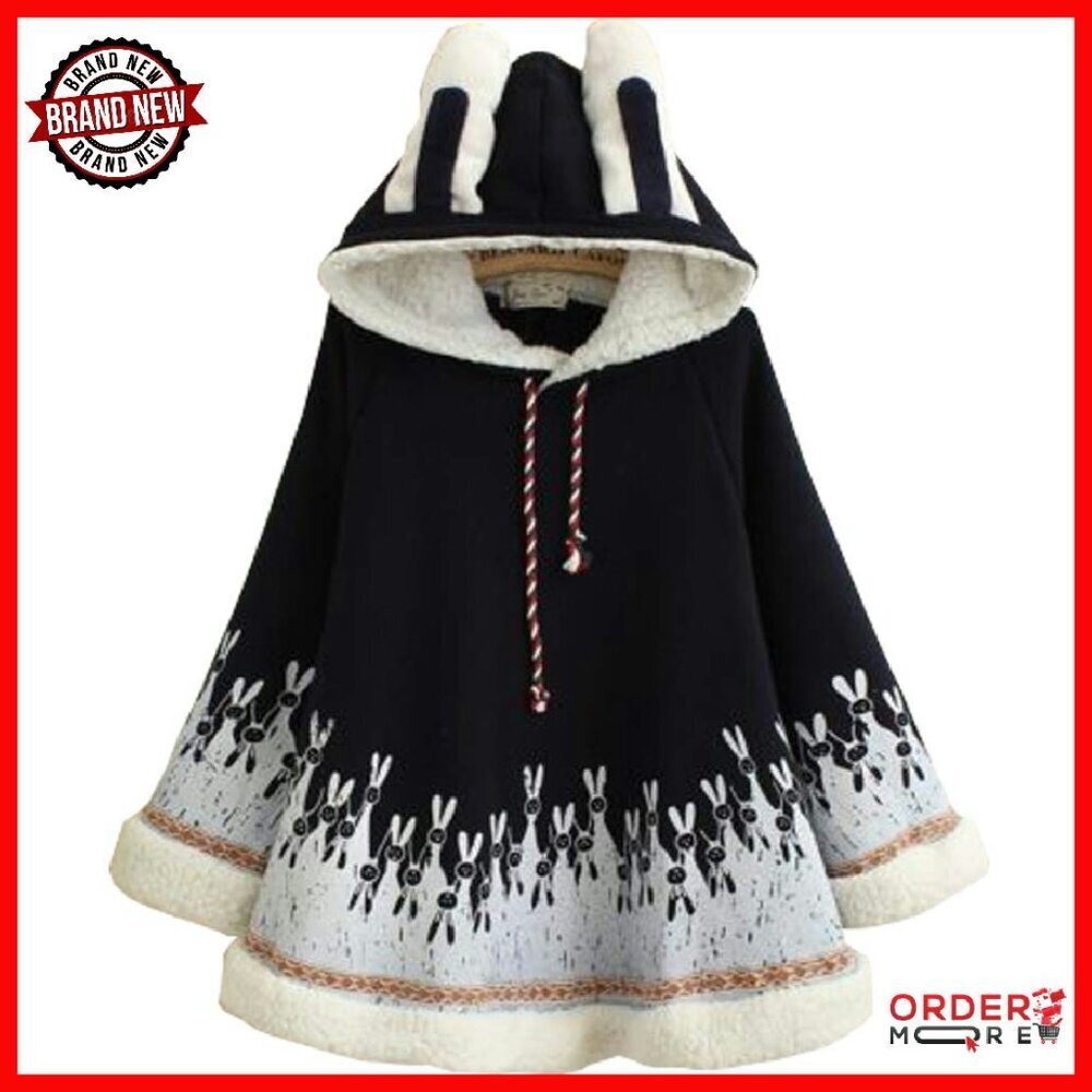 Fleece Hooded Poncho Coat with Bunny Ears, Warm Winter Cape